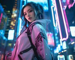 un foto de un niña en un luces de neón cyberpunk atuendo en un futurista paisaje urbano a noche ai generativo