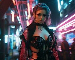 un foto de un niña en un luces de neón cyberpunk atuendo en un futurista paisaje urbano a noche ai generativo