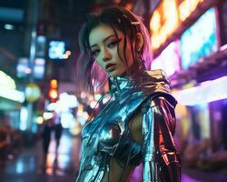 un foto de un niña en un luces de neón cyberpunk atuendo en un futurista paisaje urbano a noche ai generativo