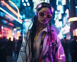 A photo of a girl in a neon-lit cyberpunk attire in a futuristic cityscape at night AI Generative