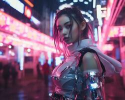 un foto de un niña en un luces de neón cyberpunk atuendo en un futurista paisaje urbano a noche ai generativo