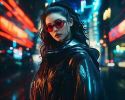 un foto de un niña en un luces de neón cyberpunk atuendo en un futurista paisaje urbano a noche ai generativo