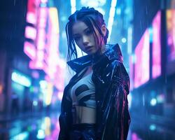 un foto de un niña en un luces de neón cyberpunk atuendo en un futurista paisaje urbano a noche ai generativo