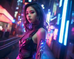 un foto de un niña en un luces de neón cyberpunk atuendo en un futurista paisaje urbano a noche ai generativo