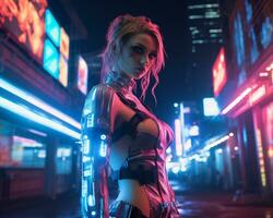 un foto de un niña en un luces de neón cyberpunk atuendo en un futurista paisaje urbano a noche ai generativo