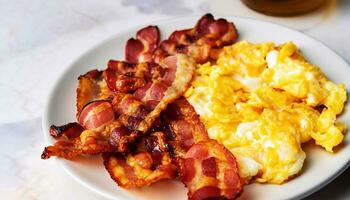 macro shot of fried bacon and scrambled eggs on a plate on a white marble serving table photo