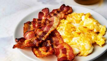 macro Disparo de frito tocino y revuelto huevos en un plato en un blanco mármol servicio mesa foto