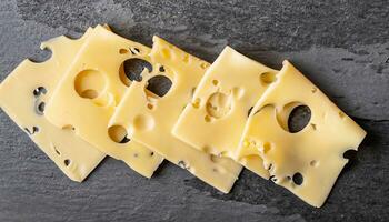 macro photo of sliced cheese with holes on stone surface top view