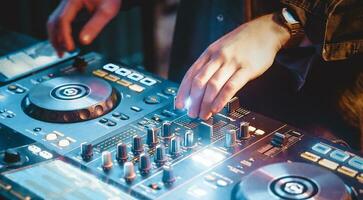 DJ actuación con electrónico música en el noche club foto