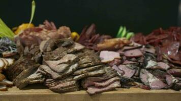 Exquisite Buffet Display. Assorted Sliced Meats Gracing the Banquet Table. Delectable Meat Assortment Adorns Banquet Buffet Table video