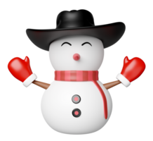 3d snowman with cowboy hat, warm mittens, scarf isolated. merry Christmas and festive New Year, 3d render illustration png