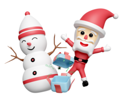 Santa Claus and snowman with surprise gift box isolated. merry christmas and happy new year, 3d render illustration png