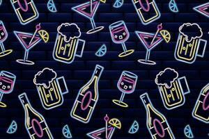 Neon bar pattern. Beer, tequila, bottles and wine, on a brick wall background. Vector illustration suitable for bars, pubs, restaurants, businesses and happy hour events