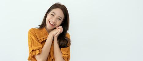 Portrait asian beautiful girl shy smile blank space isolated background. Happy woman on vacation. young female smiling success, billboard, introduction, advertisement, attractive, expression, positive photo