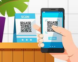 Smartphone scans qr code on table and online payment,. vector