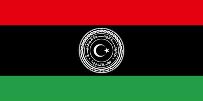 The official current flag and coat of arms of State of Libya. State flag of Libya. Illustration. photo