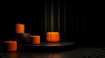 Podium Scene for product display with pumpkin bats spooky Halloween style empty space. Ai generated photo