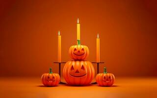 Scary 3D scene background for Halloween with a pumpkin on pedestal candles. empty space Ai generated photo