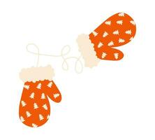 Red Christmas mittens with ornament and rope. Traditional winter clothes, knit mittens for cold season vector