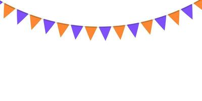 Violet and orange flag garland. Triangle pennants chain. Party decoration. Celebration flags for decor vector