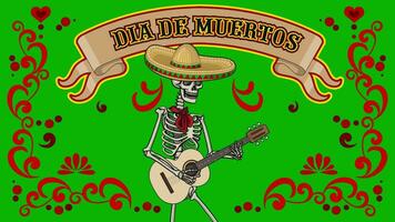 animated, mexican skeleton in sombrero with guitar with chroma key video