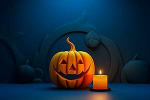 Creepy 3D backdrop for Halloween with a jack o' lantern on a dark pedestal and candles Ai generated photo