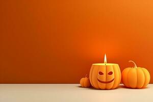 Scary 3D scene background for Halloween with a pumpkin on pedestal candles. empty space Ai generated photo