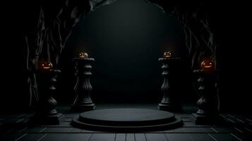 Podium Scene for product display with pumpkin bats spooky Halloween style empty space. Ai generated photo