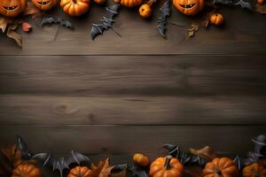 Halloween background with bats, pumpkin and candles on wodden, copy space. Ai generated photo