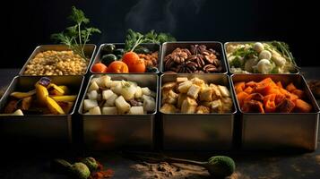 Group of assorted Indian snacks in metal box over moody background photo