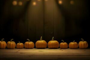 Halloween background with bats, pumpkin and candles on wodden, copy space. Ai generated photo