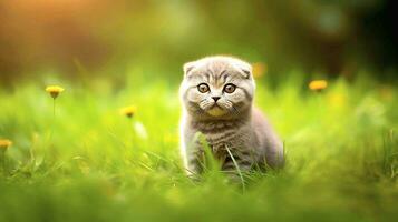 Cute scottish fold kitten sits on lawn sunnyday, Illustration  Generative AI photo