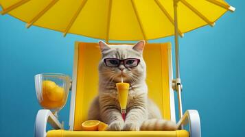 cool cat wears eyeglasses sits on beach chair illustration Generative AI photo