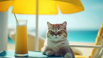 a cat with a glass of orange juice on the beach in summer Generative AI photo