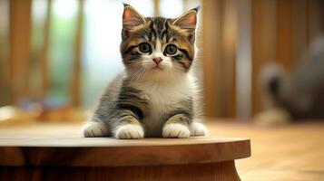 Cute scottish fold kitten sits on wooden table, Illustration  Generative AI photo