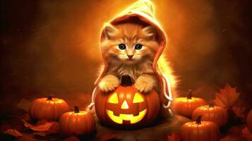 kitten dress up in Halloween cape costume with halloween pumpkin, illustration , Generative AI photo