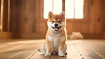 Happy Shiba Inu dog sits in the room Generative AI illustration photo