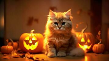 cute kitten with halloween pumpkin, illustration , Generative AI photo