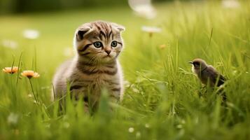 Cute scottish fold kitten sits on lawn sunnyday ans bird, Illustration  Generative AI photo