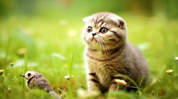 Cute scottish fold kitten sits on lawn sunnyday ans bird, Illustration  Generative AI photo