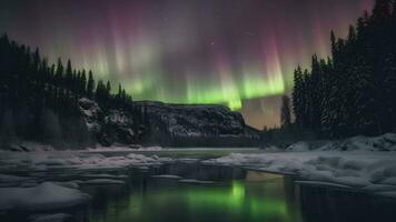 snöig naturlig landskap på natt med aurora himmel video