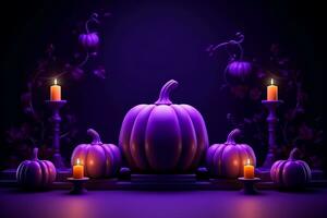 Creepy 3D backdrop for Halloween with a jack o' lantern on a dark pedestal and candles Ai generated photo