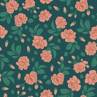 Vintage pattern with pink roses and leaves on green background. Retro flowers pattern vector