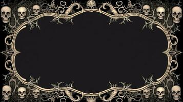 Black background with white gothic border frame, empty space. Halloween concept. Ai generated photo