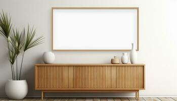 Minimalist Frame and Wooden Console with Silhouette Lighting AI generated photo