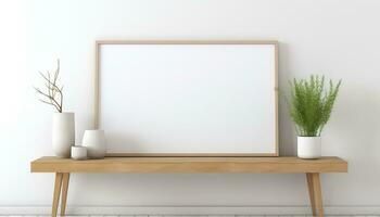 Minimalist Frame and Wooden Console with Silhouette Lighting AI generated photo