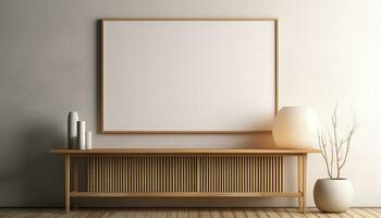 Minimalist Frame and Wooden Console with Silhouette Lighting AI generated photo