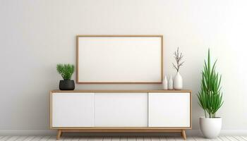 Minimalist Frame and Wooden Console with Silhouette Lighting AI generated photo