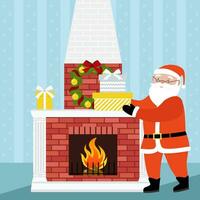 Santa Claus with gifts next to the fireplace vector