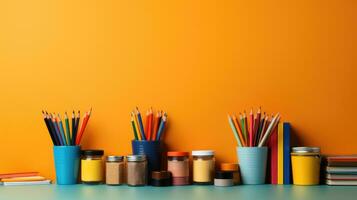 School supplies stationery, colour pencils, paints, paper on pastel orange background, back to school concept with free copy space for text photo